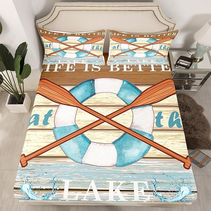 Lake House Fishing Kids Fitted Sheet Full Size,Adventure Camping Boating Nature Bedding Set,Boys Girls Room Decor,Woode Plank Rustic Retro Bed Cover,Blue Beige Bed Sheet,2 Pillowcases(No Top Sheet)