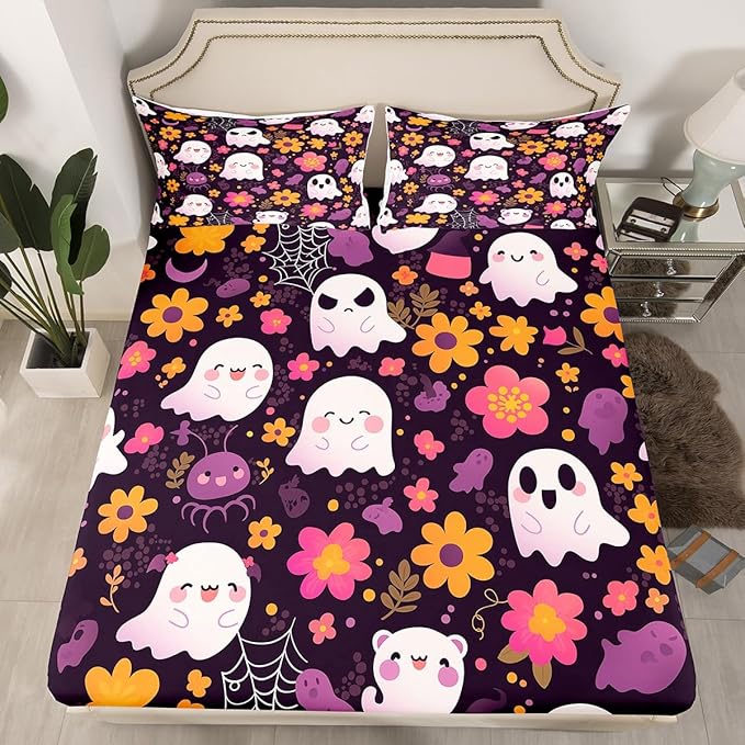 Cute Ghost Bedding Set Full Size,Cartoon Groovy Daisy Flowers Graffiti Fitted Sheet,Halloween Ghosts Spider Web Lovely Sheet Set for Kids Teens Adults Bedroom Decor,2 Pillowcases