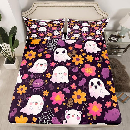 Cute Ghost Bedding Set Full Size,Cartoon Groovy Daisy Flowers Graffiti Fitted Sheet,Halloween Ghosts Spider Web Lovely Sheet Set for Kids Teens Adults Bedroom Decor,2 Pillowcases