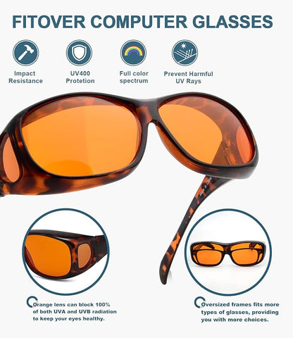 BLUELESS Fit over Blue Blocking Glasses with Orange Tinted Lens Sleep Glasses, Tortoise