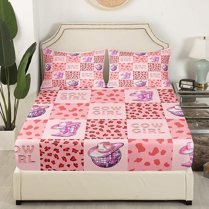 Cowgirl Fitted Sheet,Rustic Pink Cow Fur Plaids Patchwork Sheet Set for Adults Ultra Soft Room Gift,Princess Western Tribal Boots Hats Glitter Planet Bedding Set with 2 Pillowcases,Queen Size