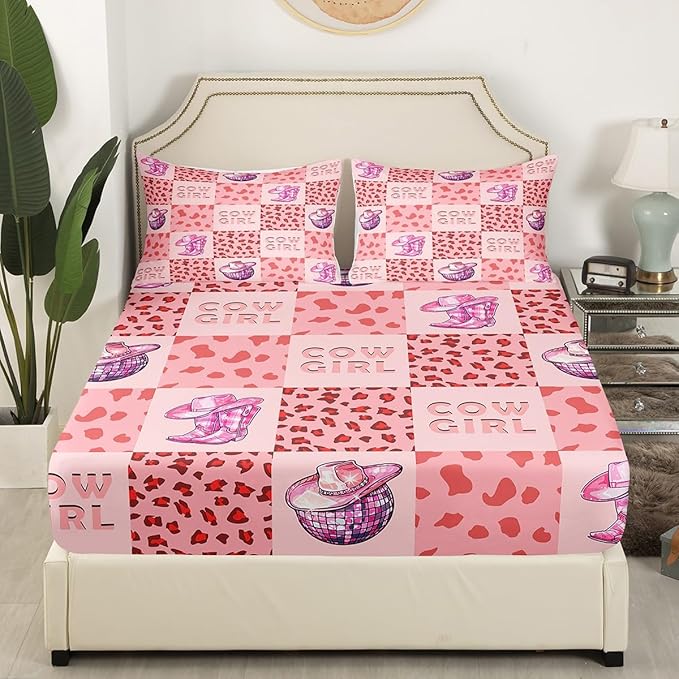 Cowgirl Bedding Set Full Size,Rustic Pink Cow Fur Plaids Patchwork Fitted Sheet,Princess Western Tribal Boots Hats Glitter Planet Sheet Set for Kids Teens Adults Bedroom Decor,2 Pillowcases