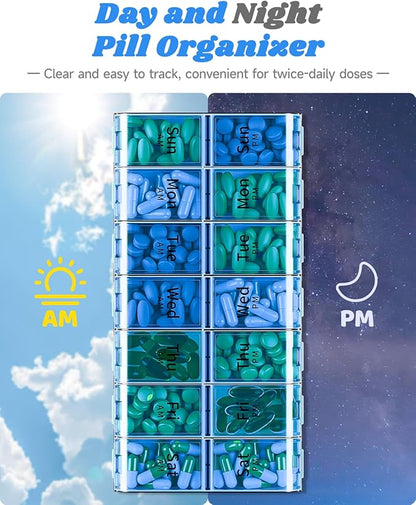 Extra Large Pill Organizer 2 Times a Day, Weekly XL AM PM Pill Case, 7 Day Pill Box Twice a Day, Oversized Daily Medicine Organizer for Vitamins (Blue)