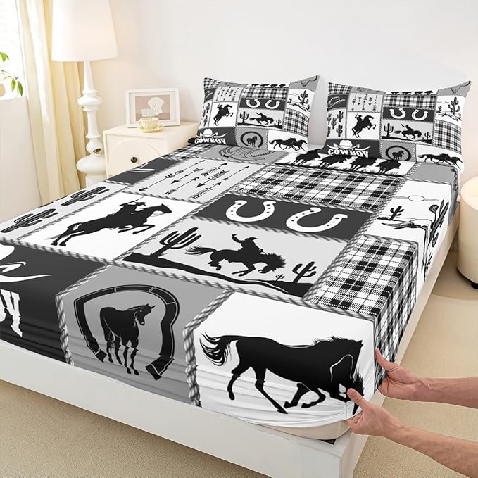 Western Cowboy Kids Sheet King Size,Cactus Geometric Plaids Patch Bedding Set,Boys Girls Adults Room Decor,Horseshoe Rustic Farmhouse Black Retro Bed Sheet Set 4pcs(Fitted + Flat + 2 Pillowcases)