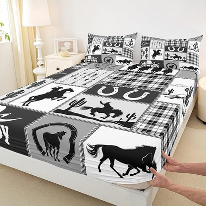 Western Cowboy Kids Sheet King Size,Cactus Geometric Plaids Patch Bedding Set,Boys Girls Adults Room Decor,Horseshoe Rustic Farmhouse Black Retro Bed Sheet Set 4pcs(Fitted + Flat + 2 Pillowcases)