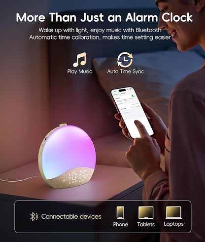 ecozy Sunrise Alarm Clock for Bedroom, White Noise Sound Machine, 26 Soothing Sounds, 17 Night Lights, Bluetooth Speaker, Music-Sync Lights, Wake Up Sunlight for Heavy Sleepers, Adults, Kids - Natural