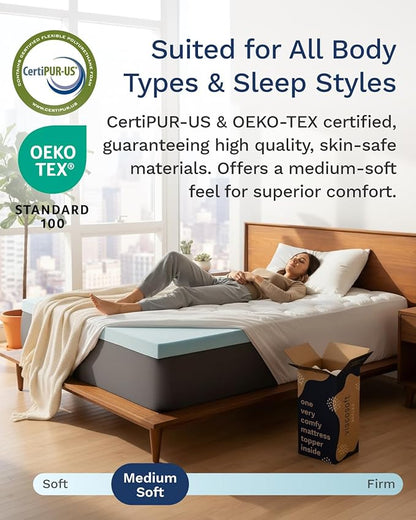 ViscoSoft 3-Inch Memory Foam Mattress Topper Queen – Reflex Cooling Gel Pad with Removable Washable Cover – CertiPUR-US & Oeko-TEX Certified