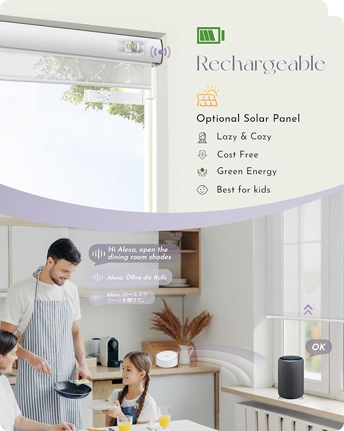 Graywind Motorized Solar Shades Compatible with Alexa Google Remote Electric Window Shade Fireproof Smart Roller Blinds with Valance for Home Office Patio, Custom Size (5% Openness White)