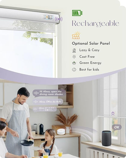 Graywind Motorized Solar Shades Compatible with Alexa Google Remote Electric Window Shade Fireproof Smart Roller Blinds with Valance for Home Office Patio, Custom Size (5% Openness White)