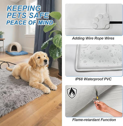 Dog Heating Pad 28x18 in with Smart Thermostat Switch and Power Line Protection Tube,Obtained MET and UL Dual Certification,Waterproof Puppy Heating Pad- Gray 1