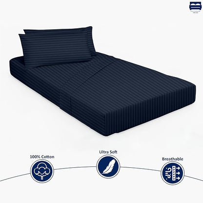Navy Blue Stripe 4-Piece Cot Linen Set - Fitted Sheet 33" x 75", Flat Sheet 64" x 94", 2 Pillow Cases 20" x 30" - Perfect for Folding Guest or Rollaway Beds