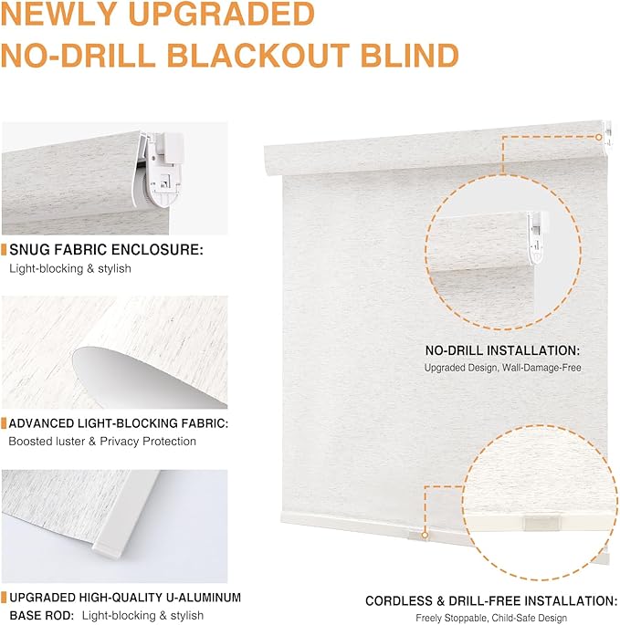AOSKY No Drill Cordless Blackout Roller Shades with Valance,Customize Blinds for Indoor Windows,Room Darkening Window Shades Pull Down with Free-Stop Spring System, UV Protection for Home Linen Cream