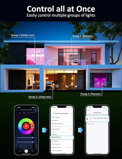 Wi-Fi & Bluetooth Smart Recessed Lighting 6 Inch RGB Downlight Can Lights – 13W 1100LM 93CRI, Ceiling Light with Signal-Boosting Mesh Gateway, Alexa/Google/Siri & Remote/App/Switch Control, 8 Pack