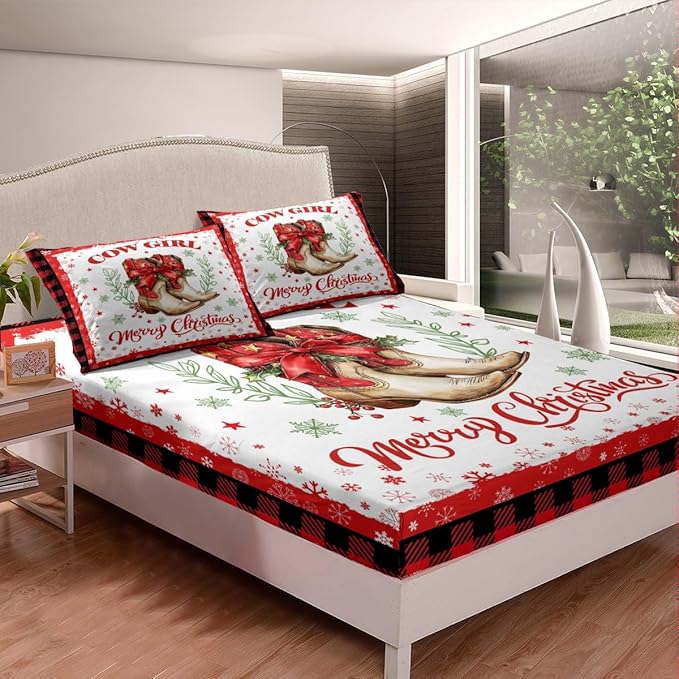 Christmas Cowgirl Bed Sheet Set 3 Pieces,Western Tribal Boots Red Bowknot Bow Bedding Set(No Flat Sheet),Xmas Snowflake Red Black Plaids Patchwork Fitted Sheet,2 Pillow Cases,Full Size
