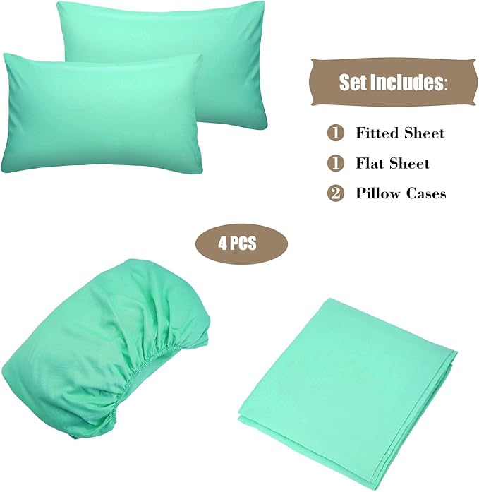 4 Piece Bed Sheet Set (Full,Mint) 1 Flat Sheet,1 Fitted Sheet and 2 Pillow Cases,Brushed Microfiber Luxury Bedding with Deep Pockets