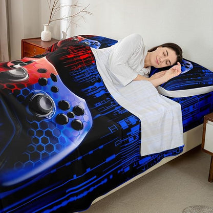 Gaming Gamepad Kids Sheet Full Size,3D Videogames Controller Bedding Set,Boys Girls Room Decor,Modern Geometric Honeycomb Hexagon Fashion Red Blue Bed Sheet Set 4pcs(Fitted + Flat + 2 Pillowcases)