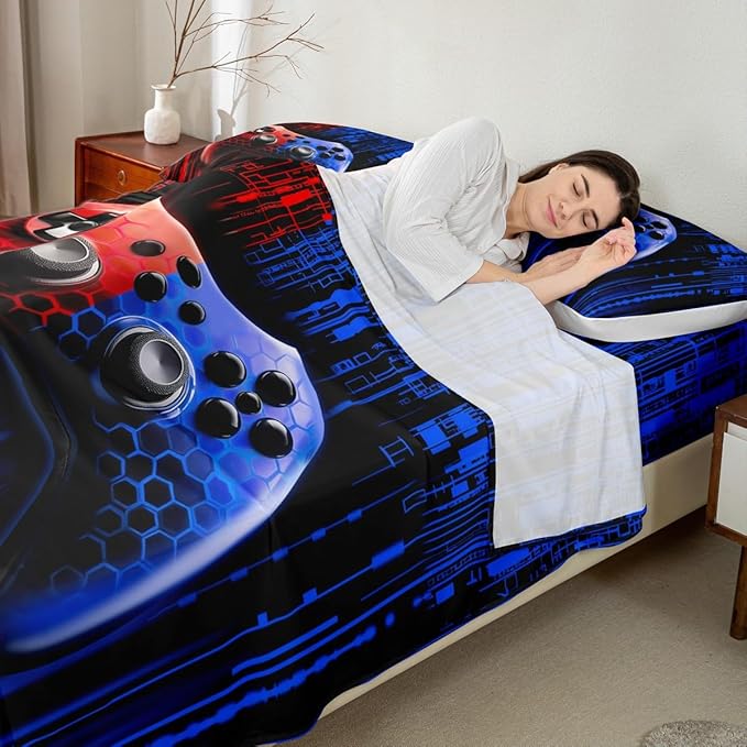 Gaming Gamepad Kids Sheet Queen Size,3D Videogames Controller Bedding Set,Boys Girls Room Decor,Modern Geometric Honeycomb Hexagon Fashion Red Blue Bed Sheet Set 4pcs(Fitted + Flat + 2 Pillowcases)