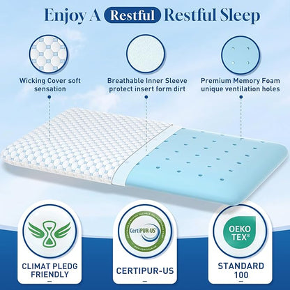 CloudBliss 2.75” Ultra Thin Pillows for Side | Back | Stomach Sleepers, Memory Foam Flat Pillow, Low Profile Sleeper Pillows with Double Sided Comfortable Breathable Pillow Cover, Standard