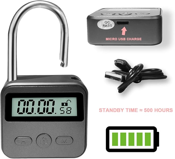 Metal Time Padlock - Multi-Function Timer Lock 99 Hours Max Timing with Electronic LCD Timed Display Micro USB Rechargeable Black