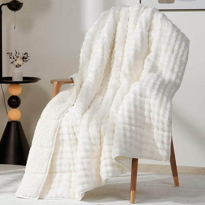 Cottonblue Weighted Blanket 15lbs Bubble Faux Fur Plush Sherpa Weighted Blankets for Adults, Fits Twin/Full Size Bed, Cute Fuzzy Warm Heavy Blanket for Calm and Better Sleep, 48"x72", Cream White