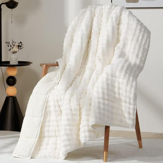 Cottonblue Weighted Blanket 15lbs Bubble Faux Fur Plush Sherpa Weighted Blankets for Adults, Fits Twin/Full Size Bed, Cute Fuzzy Warm Heavy Blanket for Calm and Better Sleep, 48"x72", Cream White
