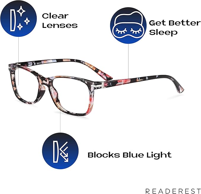 Readerest Blue Light Blocking Glasses – Thin Reflective Lens, Anti-Glare Computer Eyeglasses, UV Protection, Eye Strain Relief (Floral, 0.75 Magnification)