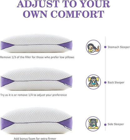 HOMELAB Adjustable Shredded Memory Foam Pillow Queen Size, Cooling Bed Pillow for Sleeping with Removable Cover, Medium Pillow for Side Stomach & Back Sleepers, 1 Pack 20"x28"