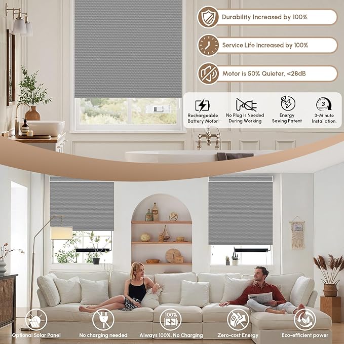 Kincmo No Drill Motorized Blinds with Remote, 100% Blackout Roller Shades for Windows, Custom Electric Blinds Compatible with Alexa, Apple Homekit, Google Home (100% Blackout Waterproof Vinyl Grey)