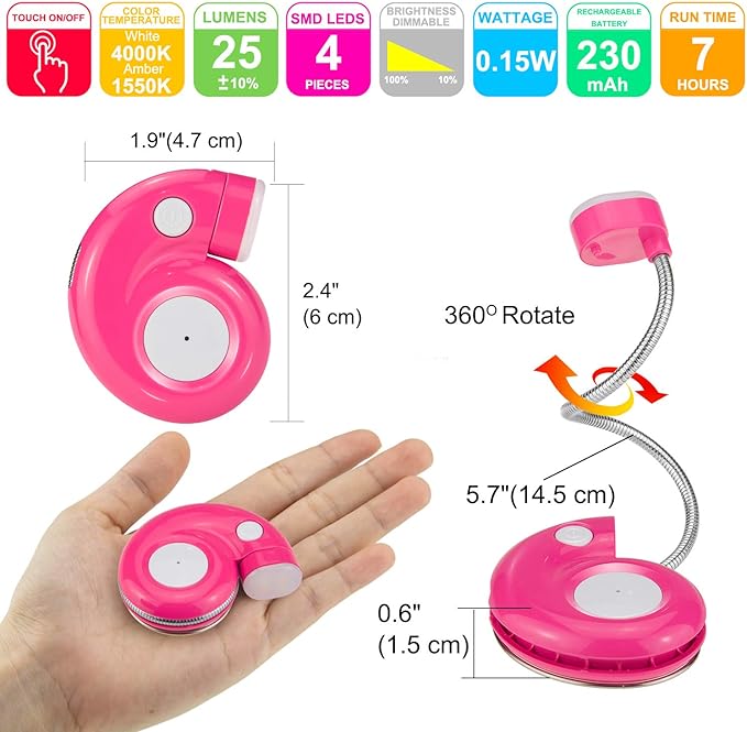 Kids Rechargeable Book Light, Clip on Reading Light for Kid, Kids Reading Lights, Amber Book Light for Reading in Bed, 2 Lighting Modes,Blue Light Blocking, Bookmark Light for Bookworms-Magenta