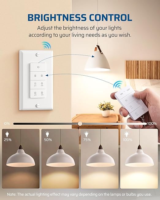 DEWENWILS Wireless Dimmer Switch, Electrical Light Switch, Remote Control Dimmer, Tungsten 400W, Dimmable LED 150W, Adjustable Brightness Button, Needs Neutral Wire, No Hub Required, ETL Listed