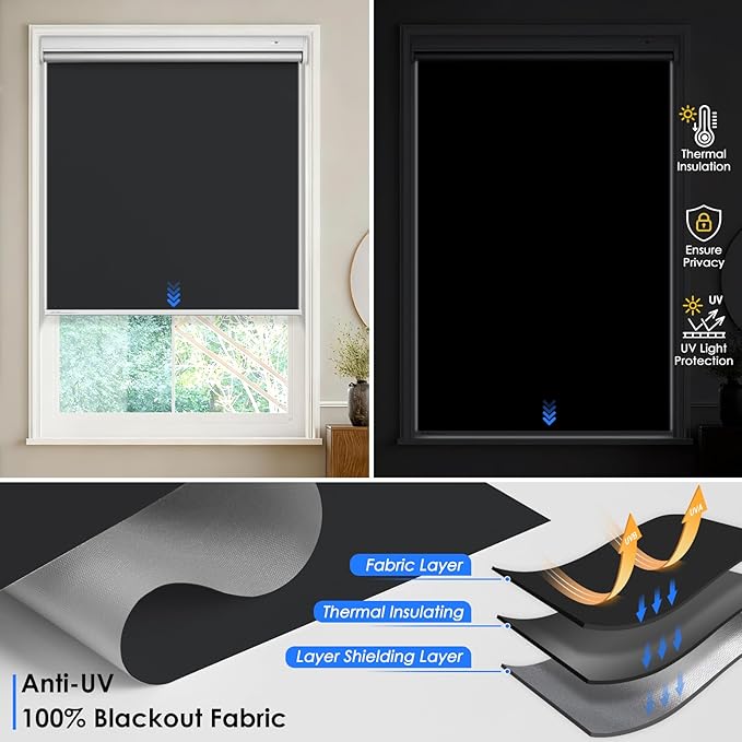 Motorized Roller Blinds with Remote Control & Solar Panel - 100% Blackout Smart Blinds, Automatic, Cordless, Electric Shades - Compatible with Alexa - Black, 34" W x 72" H