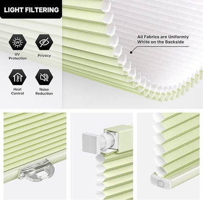 LazBlinds Cordless Cellular Shades, No Tools No Drill Light Filtering Honeycomb Shades Pleated Blinds for Windows, 21'' W x 64'' H, Green