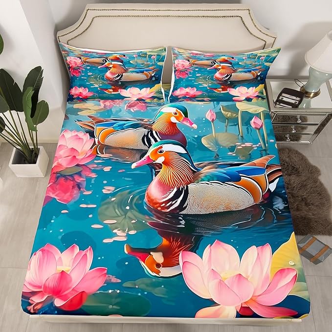 Manfei Rustic Duck Bed Sheet Set for Kids,3D Print Lake House Farmhouse Animal Sheets Set,Pink Lotus Botanical Leaves Natural Home Decor Sheet Sets with Deep Pocket,Top Flat Sheet,Twin Size