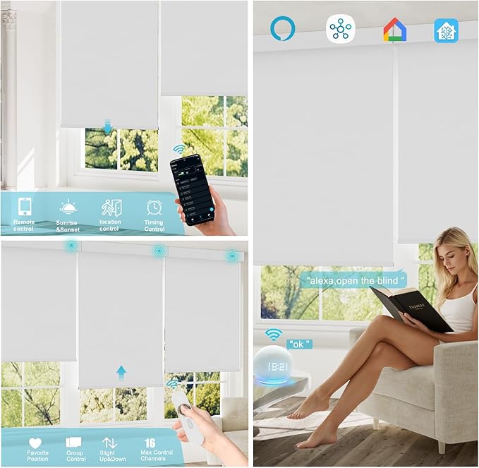 Motorized Blinds with Remote, Smart Blind Roller Shades Compatible with Alexa, Durable Rechargeable Battery Solar Power Electric Window Blinds Motorized Shades Customized Size (Pure White)