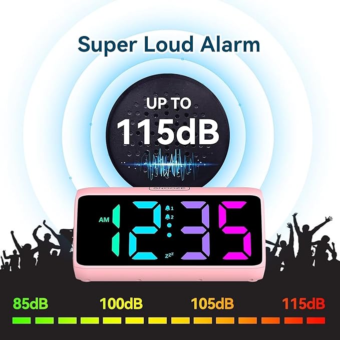 Netzu Loud Alarm Clock for Heavy Sleepers, Plug-in RGB Vibrating Alarm Clocks with Bed Shaker, 5 Dimmers, 2 Alarms and Snooze for Bedrooms Hearing Impaired Deaf Adults Pink