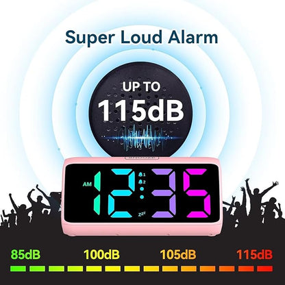 Netzu Loud Alarm Clock for Heavy Sleepers, Plug-in RGB Vibrating Alarm Clocks with Bed Shaker, 5 Dimmers, 2 Alarms and Snooze for Bedrooms Hearing Impaired Deaf Adults Pink