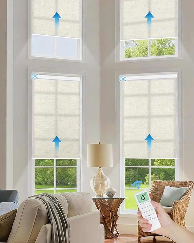 Motorized Light Filtering Roller Shades with Remote Control, Smart Blinds for Windows Compatible with Alexa Google via Hub, Rechargeable Electric Window Shade Customized Size(Texture Beige)