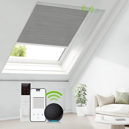 ZSTARR Motorized Skylight Shades Blackout Cellular Honeycomb Electric Blinds with Solar Panel Cordless Rechargeable with Remote for Roof and Slanted Windows (LF Silver Grey)