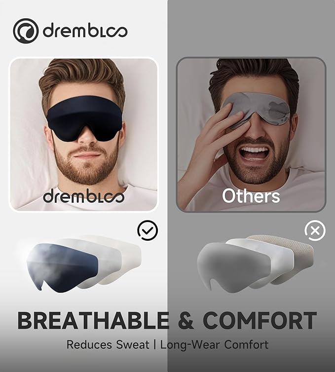 Sleep Mask with 3D Contoured Memory Foam, Zero Light Leakage Nose Bridge, Breathable Eye Cover for Side Sleepers, Travel, Office Nap & Insomnia Relief，Navy