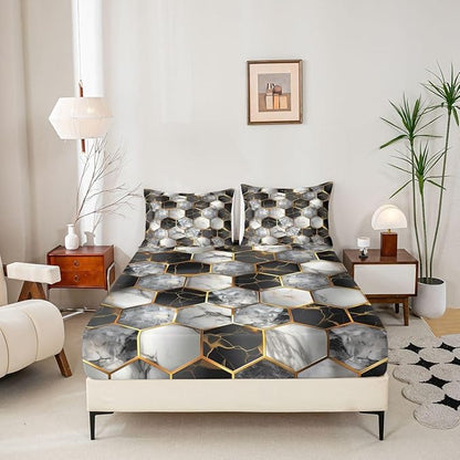 Marble Kids Full Size Fitted Sheet,Geometric Honeycomb Modern Boys Girls Bed Sheets,Abstract Hexagon Futuristic Room Decor,Black Gray Bedding Set,2 Pillowcases(No Flat)