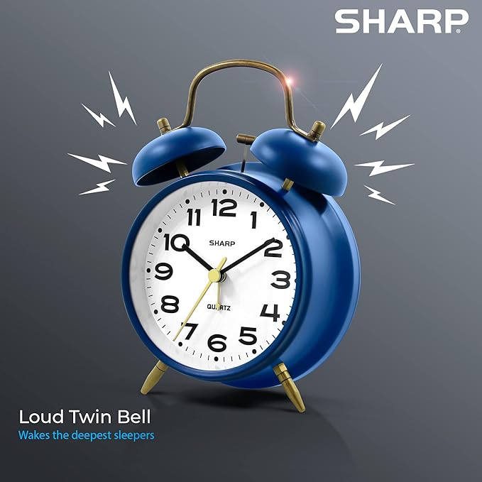 Sharp Twin Bell Alarm Clock, Loud Alarm Great for Heavy Sleepers - Stylish Matte Finish with Rustic Bronze Accents, Battery Operated (Matte Navy)