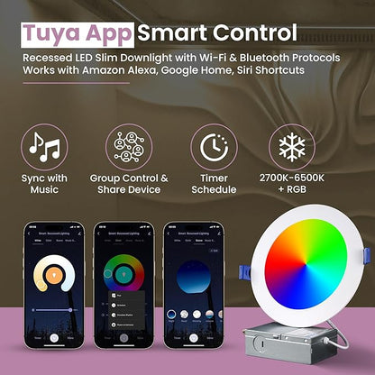 LED Recessed Lighting 6 Inch – 96 LED 5CCT 2700K–6500K Canless Wafer Downlight 16M Colors, Music Sync, Smart App & Voice Control, 1100 Lumens Dimmable RGBCW, Timer for Home & Kitchen – 6 Pack