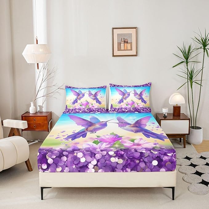 Hummingbird Kids Full Size Fitted Sheet,Lilac Flower Spring Dreamy Room Decor,Vintage Floral Animal Boys Girls Bed Sheets,Purple Blue Bedding Set,2 Pillowcases(No Flat)