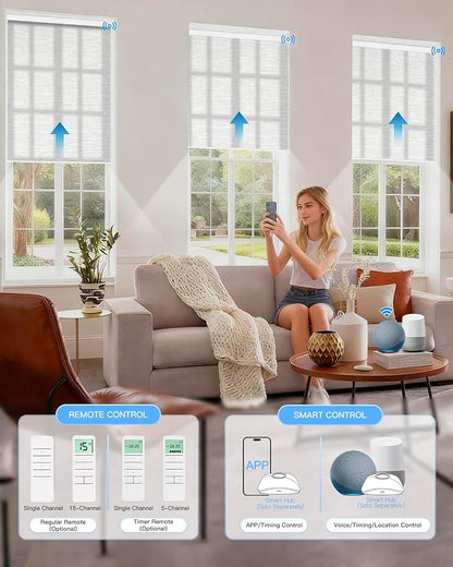 Motorized Light Filtering Roller Shades with Remote Control, Smart Blinds for Windows Compatible with Alexa Google via Hub, Rechargeable Electric Window Shade Customized Size(Texture White)