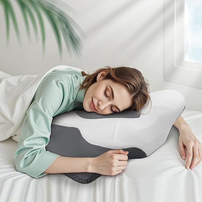 Cervical Neck Pillow for Sleeping, Memory Foam Pillow for Neck Support, Ergonomic Pillow for Pain Relief, Contour Bed Pillow for Side Back Stomach Sleepers, Grey, Standard Size
