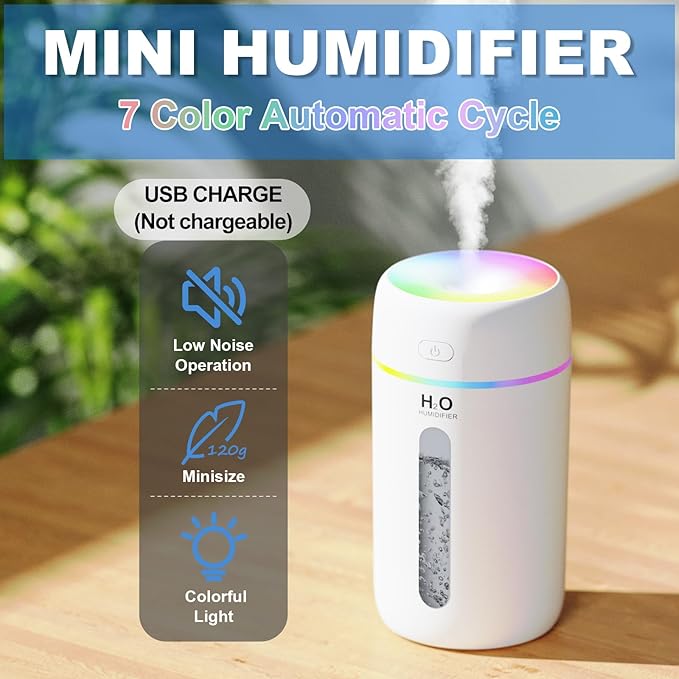 ZPP Humidifier for Bedroom Portable Mini Humidifier with 7-color Lights for Car,Home,Office,Travel with Night Light, Auto Shut-Off