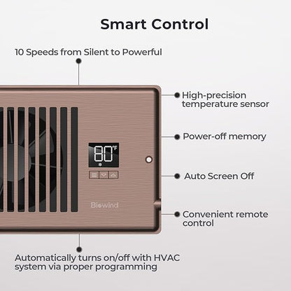 Quiet Register Booster Fan Fits 4" x 12" Register Holes, 10-Speed Smart Heating Cooling AC Vent Fan with Remote Control and Thermostat Control - Bronze