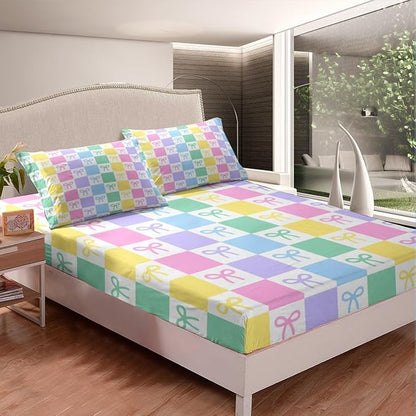 Cartoon Bowknot Kids Fitted Sheet Queen Size,Colorful Geometric Grids Plaids Bedding Set,Girls Women Room Decor,Cute Bow Tie Princess Dreamy Bed Cover,Simple Bed Sheet,2 Pillowcases(No Flat Sheet)