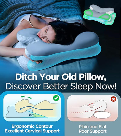 Osteo Enjoy Pain Relief Sleeping Cervical Neck Pillow, Ergonomic Contour Zoned Fits Side Sleeper, Non-Temperature Affected Memory Foam Pillows, Q-max Cooling Pillow Support Back Stomach Sleepers