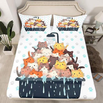 Cartoon Cats Fitted Sheet Full 2 Pcs,Bathing Cats Watercolor Graffiti Soft Microfiber Sheets Breathable Bedding(No Top Sheet),Grey Blue Cat Paw Print Bedsheet with Deep Pocket